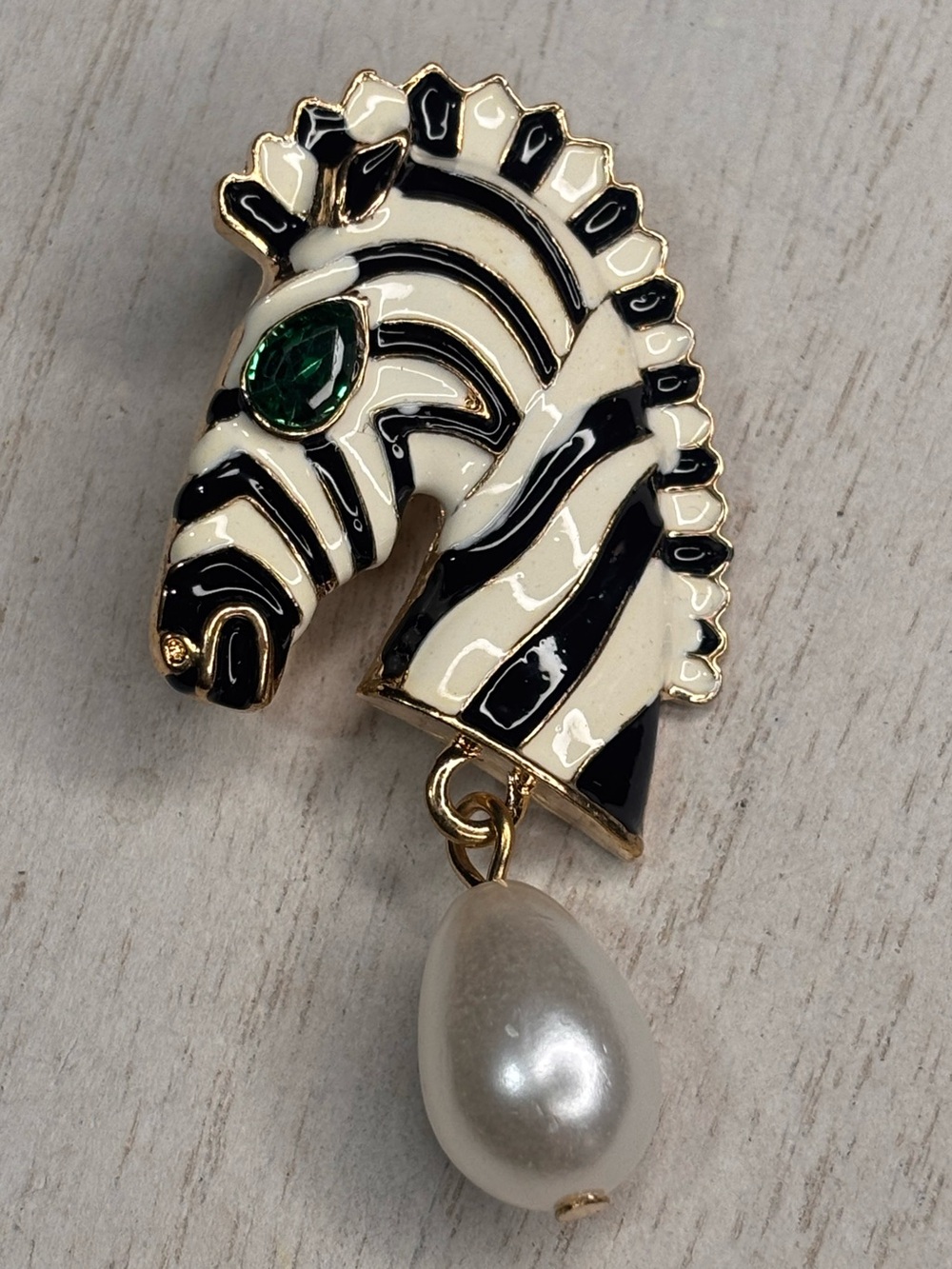 Zebra Enamel Brooch with Emerald Crystal Eye & Pearl Drop — Black, White & Green